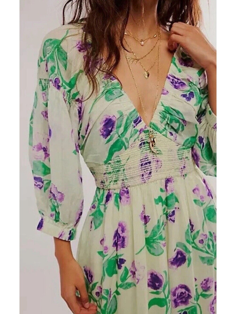 FREE PEOPLE Prairie GOLDEN HOUR Bohemian Flare Babydoll Maxi Dress sz L